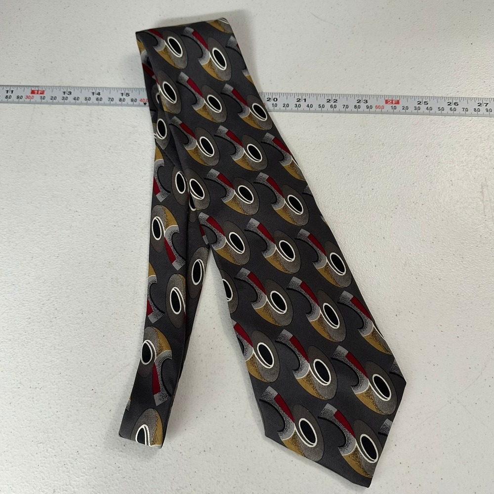 Brandini Le Collezioni Mens Silk Necktie Grey Red Gold Abstract Geometric Office